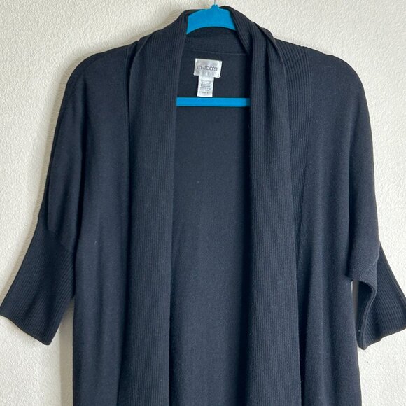 Chicos Women Sweater Cardigan Size M 1 Black Open Shawl Front Half Dolman Sleeve - Picture 3 of 12